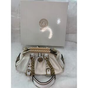 Versace Monogram Satin Shoulder Bag in Ivory/Gold with Medusa Medallion